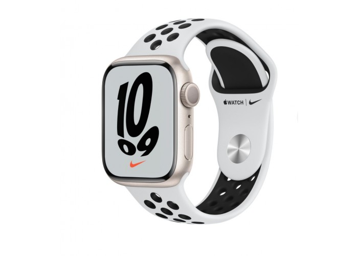 Часы Apple Watch Series 7 GPS 45mm Aluminum Case with Nike Sport Band (Сияющая звезда/Чистая платина/Черный) MKNA3